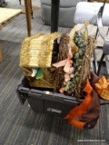 (R4.5) BOX OF ASSORTED HOME DECOR; LOT INCLUDES A FALL, SPRING, AND EASTER WREATH, A DECORATIVE