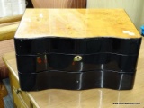 (R4) JEWELRY BOX; BOWED FRONT JEWELRY BOX WITH A LIFT TOP THAT REVEALS A FELT LINED INTERIOR WITH A