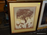 (R4) FRAMED DENISE HARRIS PRINT; DEPICTS A TREE AT WHAT APPEARS TO BE THE SUNSET WITH WHITE LILY
