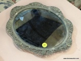 (R4) TABLE MIRROR; OVAL MIRROR IN A ROSE DETAILED, SCALLOP RIMMED FRAME. MEASURES 12.5 IN X 10 IN.