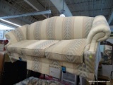 (R4) CAMELBACK SOFA; CUSTOM MADE CAMEL BACK SOFA WITH CREAM, PINK AND BLUE UPHOLSTERY WITH FLORAL