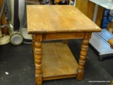 (R4) END TABLE; WOODEN SIDE TABLE WITH SPOOL TURNED LEGS LEADING TO A LOWER SHELF. HAS MORTISE AND