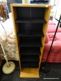 (R4) DVD/CD CASE/STAND; WOODGRAIN, 7-SHELF DVD CASE/STAND, SHELVES HAVE A BLACK FINISH. MEASURES 14