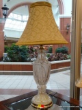 (WINDOW) ETCHED GLASS TABLE LAMP; SHELL AND FLORAL DETAILED ETCHED AND CUT GLASS, VASE SHAPED TABLE