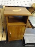 (WALL) SIDE TABLE;SIDE TABLE WITH WOOD GRAIN SURFACE, BELOW THE TABLETOP IS A TOP CUBBY THAT SITS