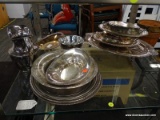 (R5) LOT OF SILVER PLATED SERVINGWARE; 13 PIECE LOT OF ASSORTED SILVER SERVING WARE TO INCLUDE A