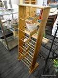 (R5) LEANING LADDER SHELF; WOODEN LADDER STORAGE UNIT WITH 6 TIERS AND BRACING DIVIDERS. SHELVES ARE