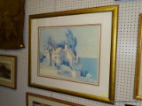 (WALL) PRINT OF PASTEL DRAWING; PASTEL DRAWING PRINT OF SEASIDE VILLA WITH ARTIST SIGNATURE IN