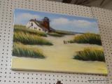 (BWALL) PAINTING OF BEACH SCENE; PAINTING ON CANVAS OF PARENT AND CHILD WALKING AMONG DUNES TOWARD