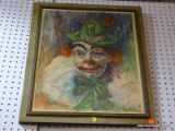 (BWALL) OIL PAINTING OF CLOWN; MICHELE OIL PAINTING OF CLOWN WEARING GREEN HAT. SITTING IN WOOD