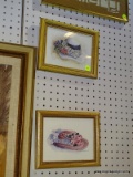 (BWALL) PAIR OF WOMEN'S HAT PRINTS; ONE DEPICTS A PINK HAT WITH A ROSE ARRANGEMENT AND RIBBON ALONG