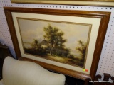 (BWALL) FRAMED COLONIAL PRINT; DEPICTS A SCENE OF A HOME ON THE WATER WITH A WOMAN AND HER DOG AND A