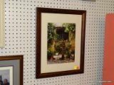 (BWALL) FRAMED PHOTOGRAPH; PICTURE DEPICTS A GARDEN AGAINST A STONE WALL WITH A BARRED WINDOW.