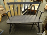 (R1) PAINTED BENCH; WOODEN ARROWBACK BENCH, ASH IN COLOR, WITH TURNED POLE FLARED LEGS WITH AN H