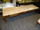 (R1) MARBLE TOP COFFEE TABLE; FRENCH STYLE, PINK MARBLE COFFEE TABLE WITH A PIE CRUST TABLE TOP AND