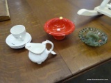 (R1) LOT OF CHINA; 8 PIECE LOT TO INCLUDE A RED ART GLASS BOWL, A DARK TINTED SCALLOPED RIM ART