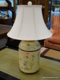 (R1) TABLE LAMP; VASE METAL SHAPED TABLE LAMP WITH A PAINTED GARDEN SCENE OF BUTTERFLIES, FLOWERS,