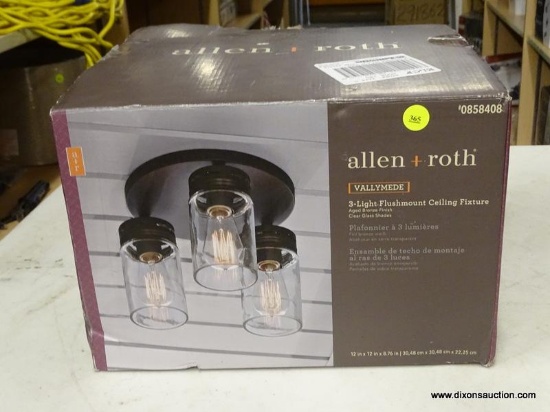 (R6) ALLEN + ROTH CEILING LIGHT; VALLYMEDE 3 LIGHT FLUSHMOUNT NICKEL TRANSITIONAL CEILING FIXTURE.