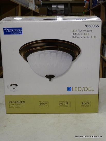 (R6) PROGRESS LIGHTING CEILING LIGHT; FLUSHMOUNT LED ANTIQUE BRONZE CEILING LIGHT WITH ALABASTER