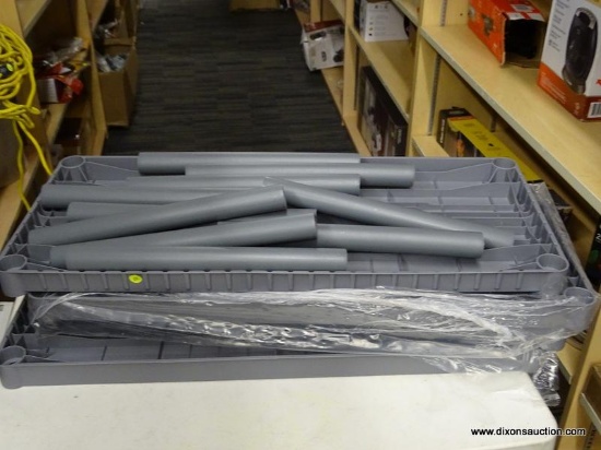 (R6) SHELVING UNIT; PLASTIC STURDY 4 TIERED SHELVING UNIT, GREY IN COLOR. SOME SUPPORTS ARE MISSING.