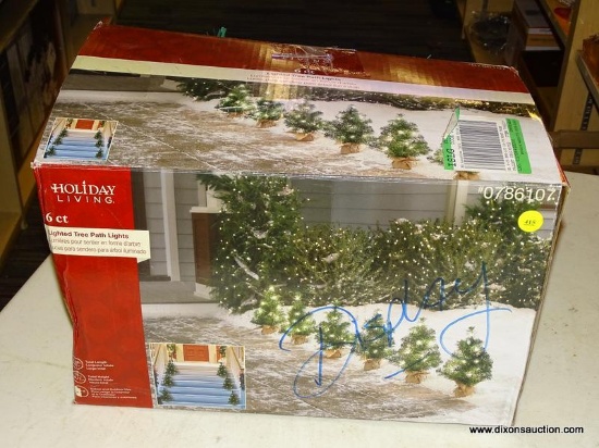 (R6) HOLIDAY LIVING PATH LIGHTS; 6 CT SET OF LIGHTED TREE PATH LIGHTS. TWO SETS OF THREE TREES.