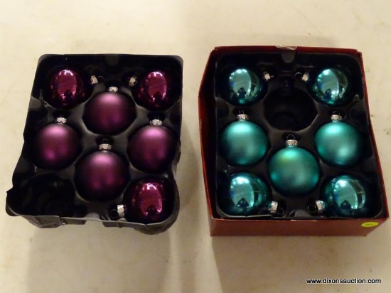(R7) HOLIDAY LIVING CHRISTMAS ORNAMENTS; TWO SETS OF GLASS CHRISTMAS ORNAMENTS, FOUR POLISHED TEAL,