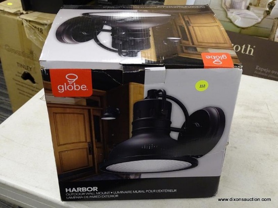 (R3) GLOBE HARBOR OUTDOOR WALL MOUNT LANTERN WITH A MATTE BLACK FINISH AND A CLEAR PLASTIC DIFFUSER.