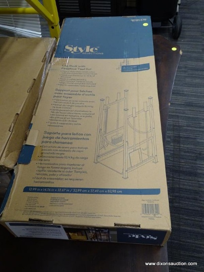 (R1) STYLE SELECTIONS LOG RACK WITH FIREPLACE TOOL SET WITH A BLACK FINISH. INCLUDES A TAMPICO