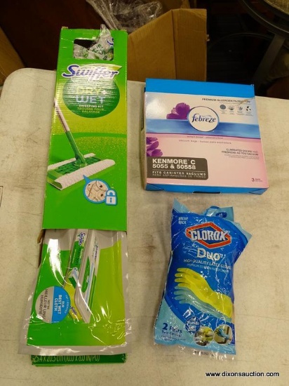 (R3) LOT OF ASSORTED CLEANING SUPPLIES; 3 PIECE LOT TO INCLUDE A SWIFFER DRY + WET SWEEPING KIT WITH