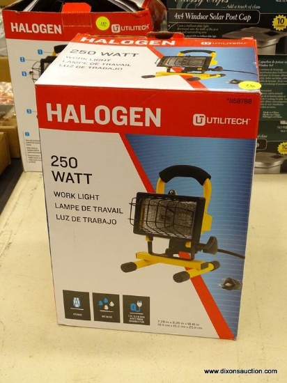 (R3) UTILITECH 250-WATT HALOGEN STAND WORK LIGHT. MODEL NO. MPL1034-C250K9030. COMES IN BOX.