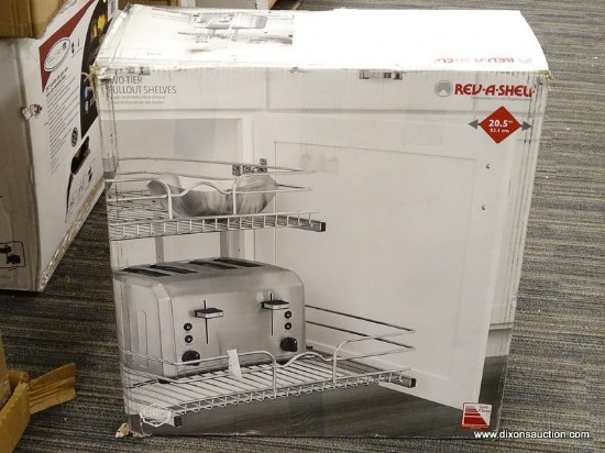 (R1) REV-A-SHELF 2-TIER PULL OUT METAL BASKET. MEASURES 20.75 IN X 19 IN. COMES IN OPENED BOX. MODEL
