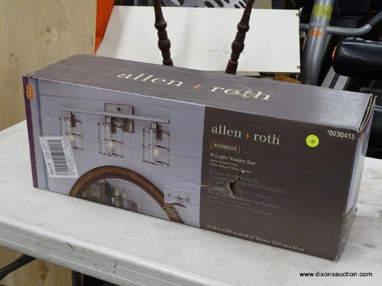 (R2) ALLEN + ROTH KENROSS 3-LIGHT VANITY BAR WITH A SATIN NICKEL FINISH AND CLEAR RIBBED GLASS