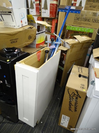 (R2) WHITE FINISHED 9 IN WOODEN CABINET AND CONTENTS; 6 PIECE LOT TO INCLUDE A 9 IN X 25 IN X 34.5