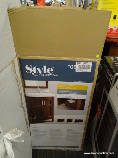 (R1) STYLE SELECTIONS MORECOTT, CHOCOLATE FINISHED VANITY, MISSING THE WHITE VITREOUS CHINA TOP.