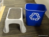 (R3) BATHROOM STEP STOOL AND RECYCLING BIN. STEP STOOL MEASURES 8 IN TALL.