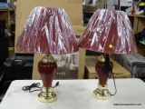 (R3) PAIR OF ORE INTERNATIONAL TABLE LAMPS; SET OF 2 BURGUNDY AND BRASS, VASE SHAPE TABLE LAMPS WITH