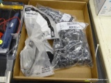 (R3) BOX LOT OF 3/4 IN HALF CLAMPS AND A T-HINGE; 3 PIECE LOT INCLUDES 2 BAGS WITH 100 CLAMPS IN