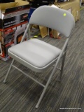 (R8) COSCO FOLDING CHAIR; METAL FOLDING CHAIR WITH SEAT AND BACK CUSHION, GREY IN COLOR. TINY HOLE