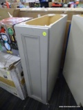 (R9) MASTERBRAND CABINET; TALL FLOOR CABINET, LIGHT GREY IN COLOR. HAS ONE DOOR THAT OPENS TO REVEAL
