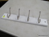 (R10) PANEL OF 4 HANGING HOOKS; WHITE RAIL WITH STAIN NICKEL GARMENT HOOKS. PRODUCT NO. 340462