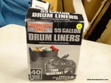 (R10) PACK OF 55 GALLON TRASH BAGS; 40 PACK OF 55 GALLON DRUM LINERS, BLACK IN COLOR. BOX IS OPEN,