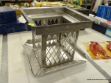 (R10) OUTDOOR LAMP HOUSING; METAL ENCASING SHADE FOR OUTDOOR CEILING LAMP. MEASURES 10 IN X 10 IN X