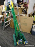 (R11) 5 PACK OF QUICKIE PUSH BROOMS; 18 IN QUICKIE BULLDOZER PUSH BROOMS, GREEN AND YELLOW IN COLOR.