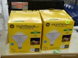 (R11) GENERAL ELECTRIC NIGHTHAWK LED BULBS; PAIR OF OUTDOOR 150 WATT FLOODLIGHTS, DELIVERS 1500