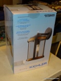(R1) KICHLER BARRINGTON OUTDOOR WALL LANTERN WITH A DISTRESSED BLACK WITH WOOD FINISH AND CLEAR