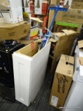(R2) WHITE FINISHED 9 IN WOODEN CABINET AND CONTENTS; 6 PIECE LOT TO INCLUDE A 9 IN X 25 IN X 34.5