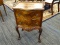 (WINDOW) 1 OF A PAIR OF QUEEN ANNE SIDE TABLES; BURLED WALNUT TWO DRAWER PIERCED SPLASHED BACK BOW