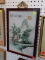 ORIENTAL FRAMED, HAND PAINTED PORCELAIN SCENE. HAS ORIENTAL CHARACTERS AT THE TOP. MEASURES 11 IN X