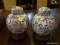 PAIR OF HAND PAINTED, ORIENTAL GINGER JARS WITH LIDS AND ROSEWOOD STANDS. MEASURES 6 IN TALL.