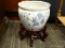 ORIENTAL BLUE AND WHITE FISH BOWL ON STAND. MEASURES 7 IN TALL.